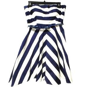 City Triangles Chevron Stripe Strapless Belted Mini Dress Blue White Womens Sz 9